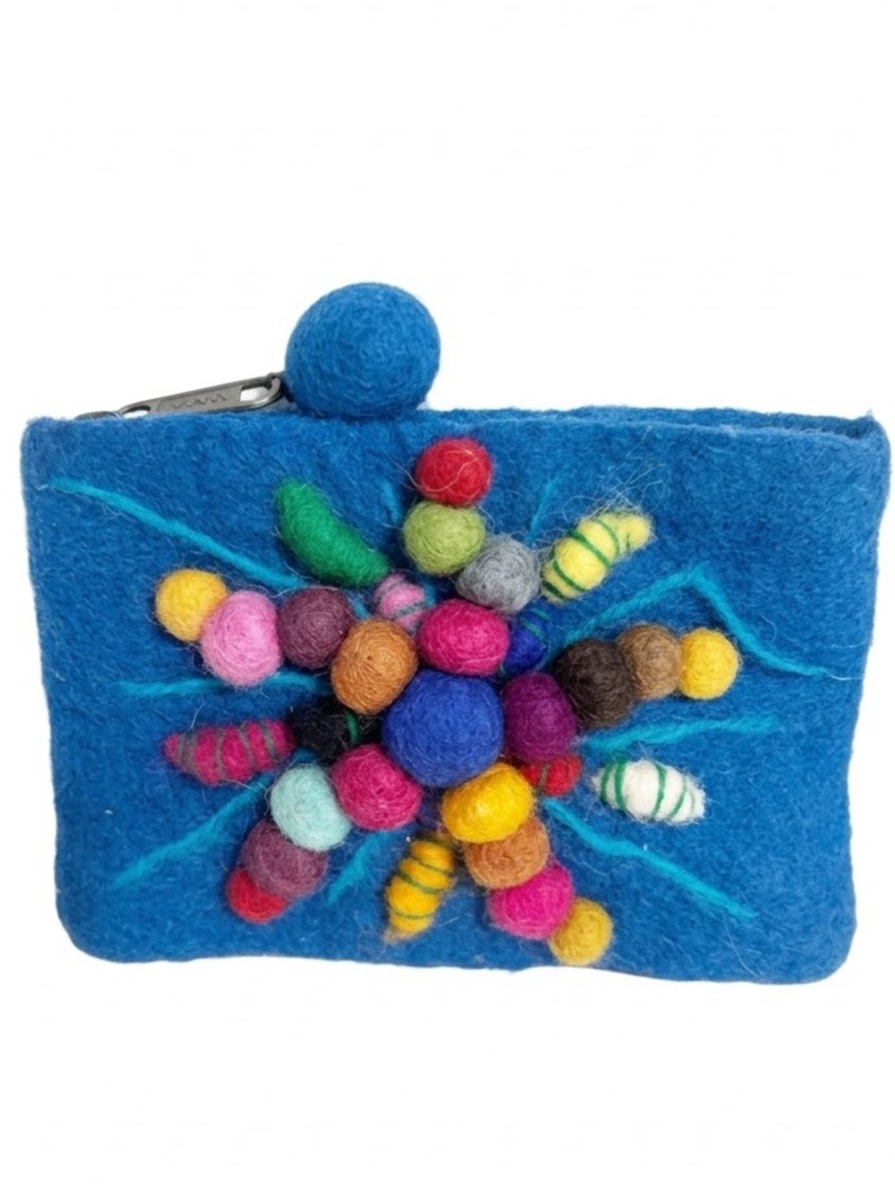 Handcrafted Blue Felt Kids Coin Purse with Colorful Pom-Pom Design